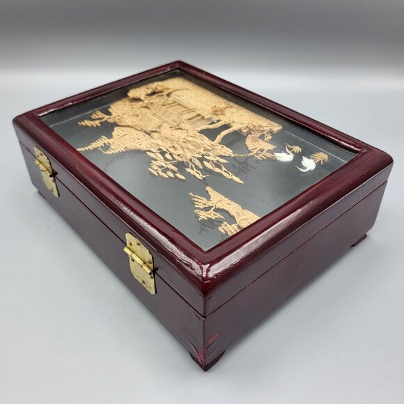 Vintage Chinese Hand Carved Cork Diorama Jewelry Box Red Lining Wood Box SEE - Picture 12 of 16